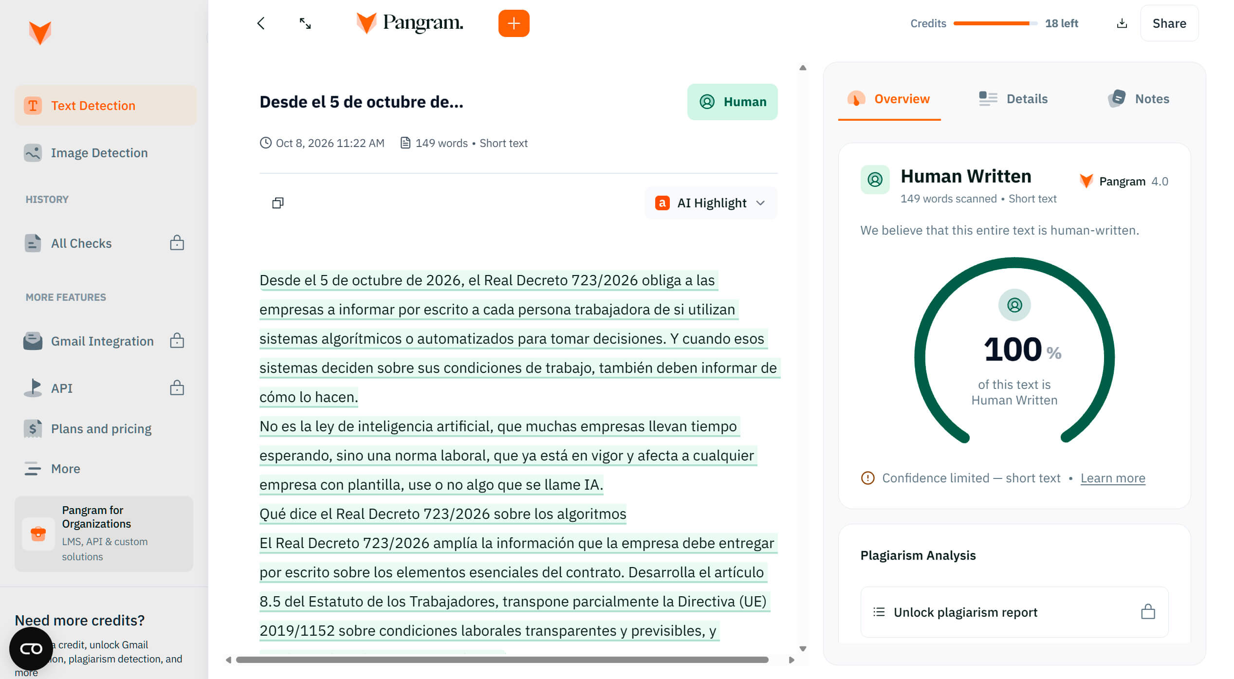 Análisis con Pangram de un texto de Orlando Suárez