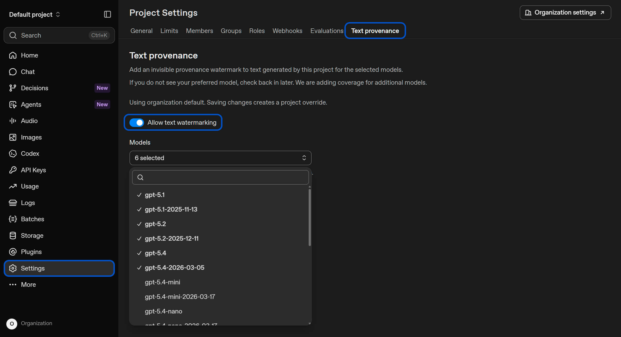 Configuración de Marca de Agua en API de OpenAI
